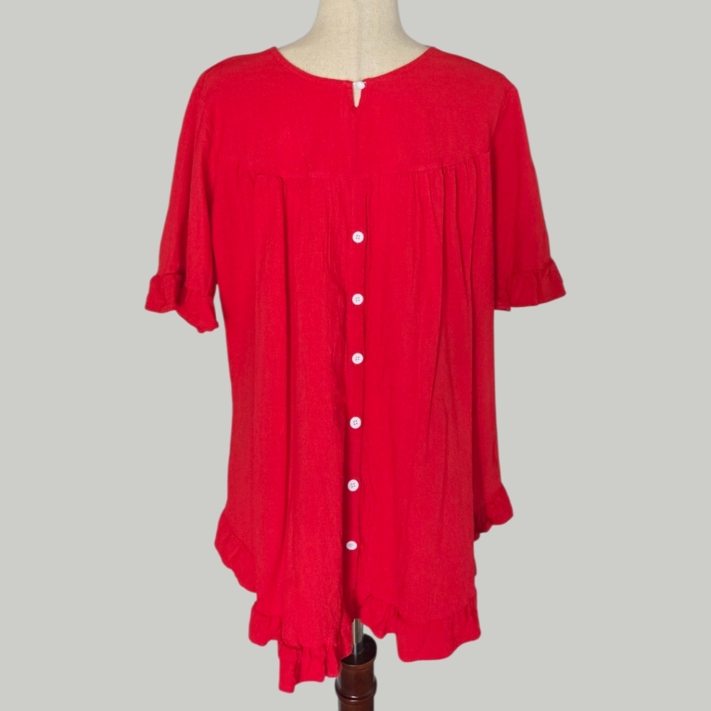 Red High Low Ruffle Blouse Tunic Large Button Back Keyhole - Picture 3 of 7